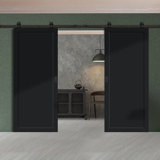 Image: Top Mounted Black Sliding Track & Solid Wood Double Doors - Eco-Urban® Baltimore 1 Panel Doors DD6301 - Shadow Black Premium Primed