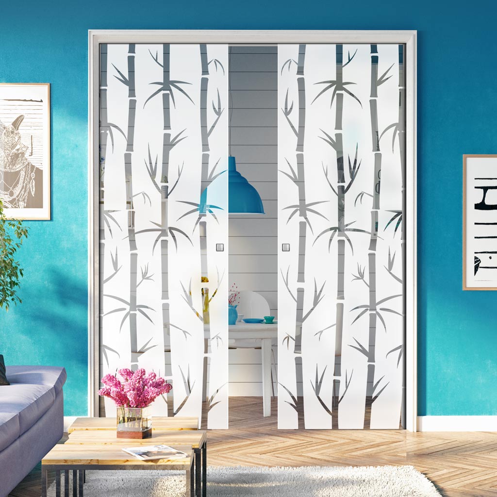 Bamboo 8mm Obscure Glass - Clear Printed Design - Double Evokit Glass Pocket Door