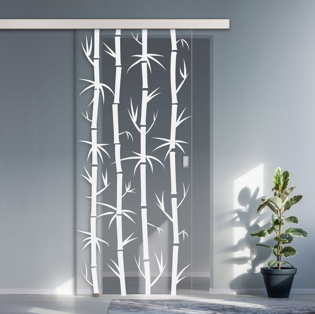 Single Glass Sliding Door - Bamboo 8mm Clear Glass - Obscure Printed Design with Elegant Track