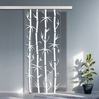 Image: Single Glass Sliding Door - Bamboo 8mm Clear Glass - Obscure Printed Design with Elegant Track