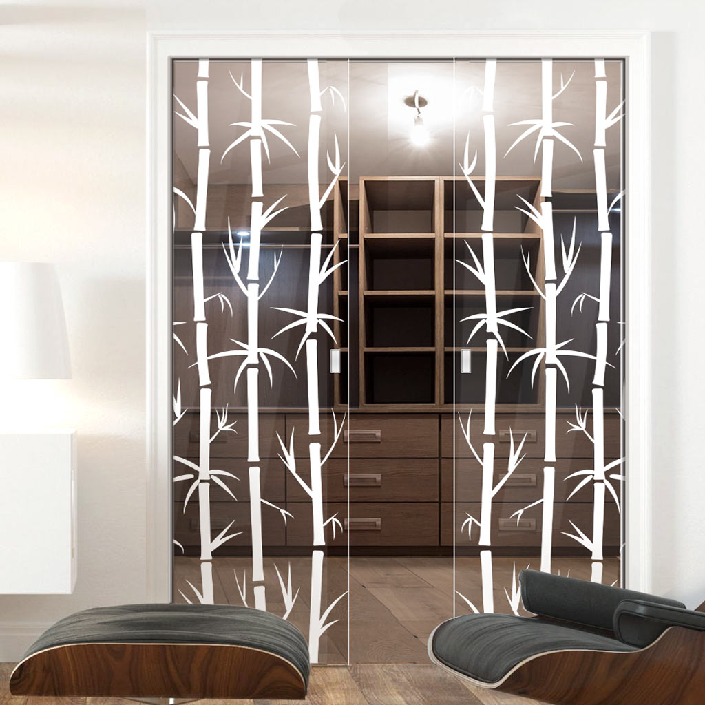 Bamboo 8mm Clear Glass - Obscure Printed Design - Double Evokit Glass Pocket Door