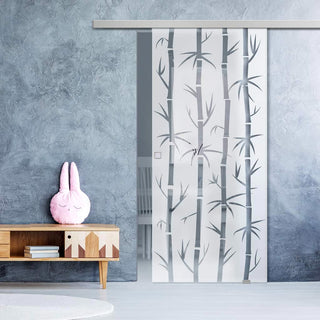 Image: Single Glass Sliding Door - Bamboo 8mm Obscure Glass - Clear Printed Design with Elegant Track