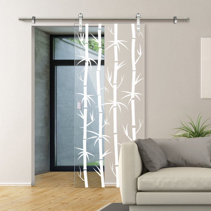 Single Glass Sliding Door - Solaris Tubular Stainless Steel Sliding Track & Bamboo 8mm Clear Glass - Obscure Printed Design