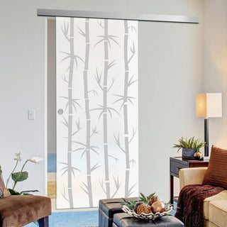 Image: Single Glass Sliding Door - Bamboo 8mm Obscure Glass - Obscure Printed Design with Elegant Track