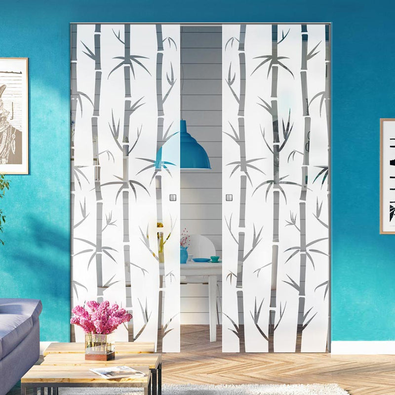 Bamboo 8mm Obscure Glass - Clear Printed Design - Double Absolute Pocket Door