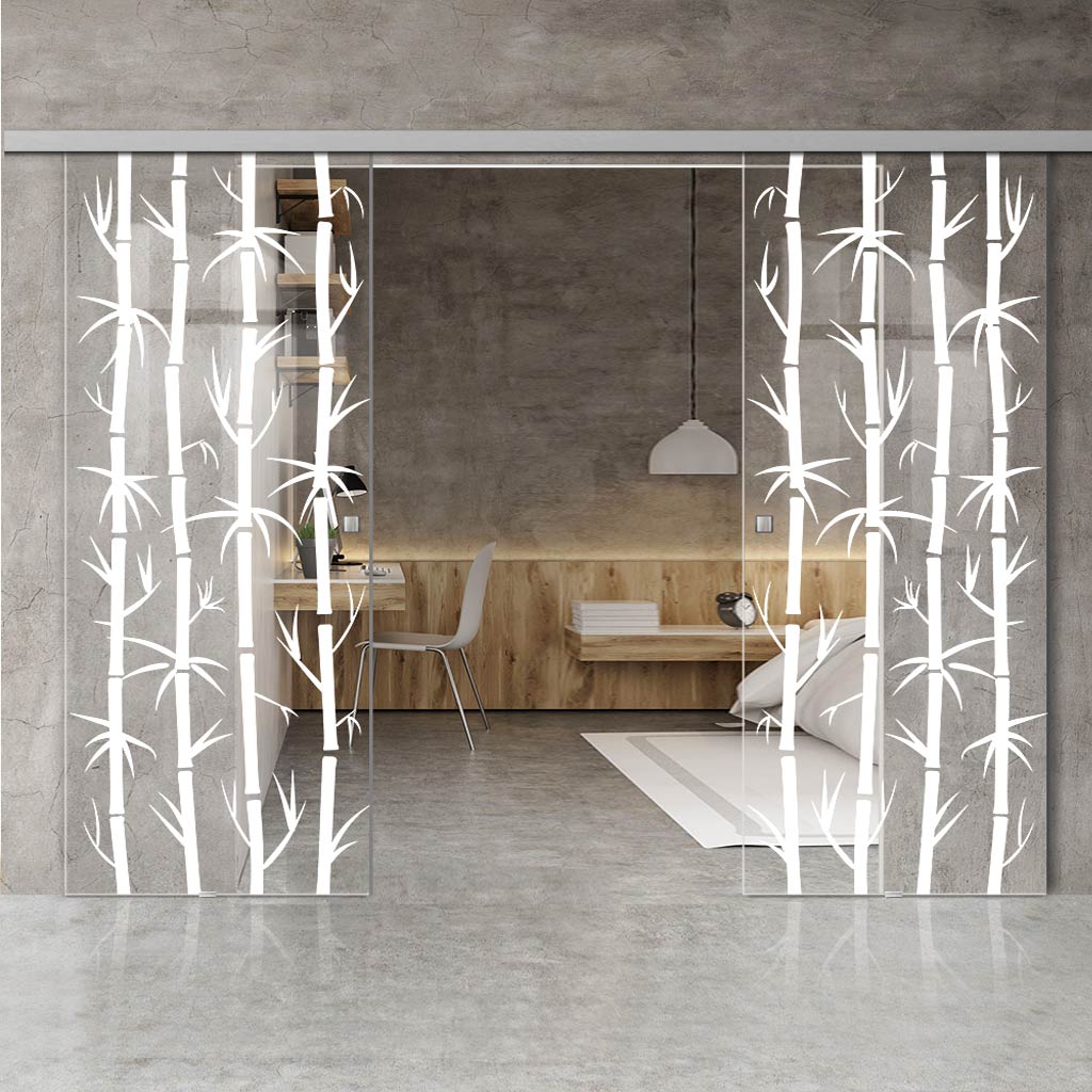 Double Glass Sliding Door - Bamboo 8mm Clear Glass - Obscure Printed Design with Elegant Track