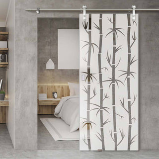 Image: Single Glass Sliding Door - Solaris Tubular Stainless Steel Sliding Track & Bamboo 8mm Obscure Glass - Clear Printed Design