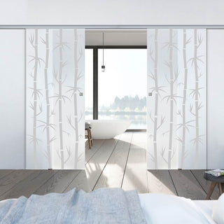 Image: Double Glass Sliding Door - Bamboo 8mm Obscure Glass - Obscure Printed Design with Elegant Track