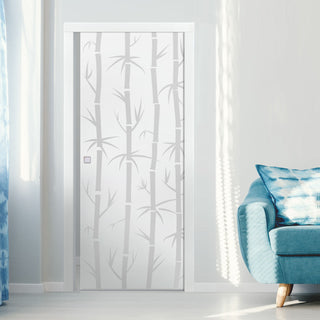 Image: Bamboo 8mm Obscure Glass - Obscure Printed Design - Single Evokit Glass Pocket Door