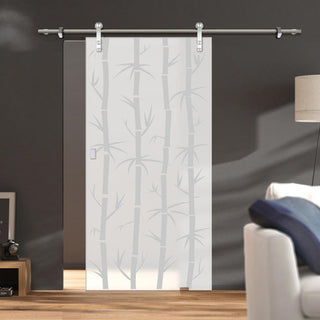 Image: Single Glass Sliding Door - Solaris Tubular Stainless Steel Sliding Track & Bamboo 8mm Obscure Glass - Obscure Printed Design