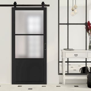 Image: Top Mounted Black Sliding Track & Solid Wood Door - Eco-Urban® Berkley 2 Pane 1 Panel Solid Wood Door DD6309SG - Frosted Glass - Shadow Black Premium Primed