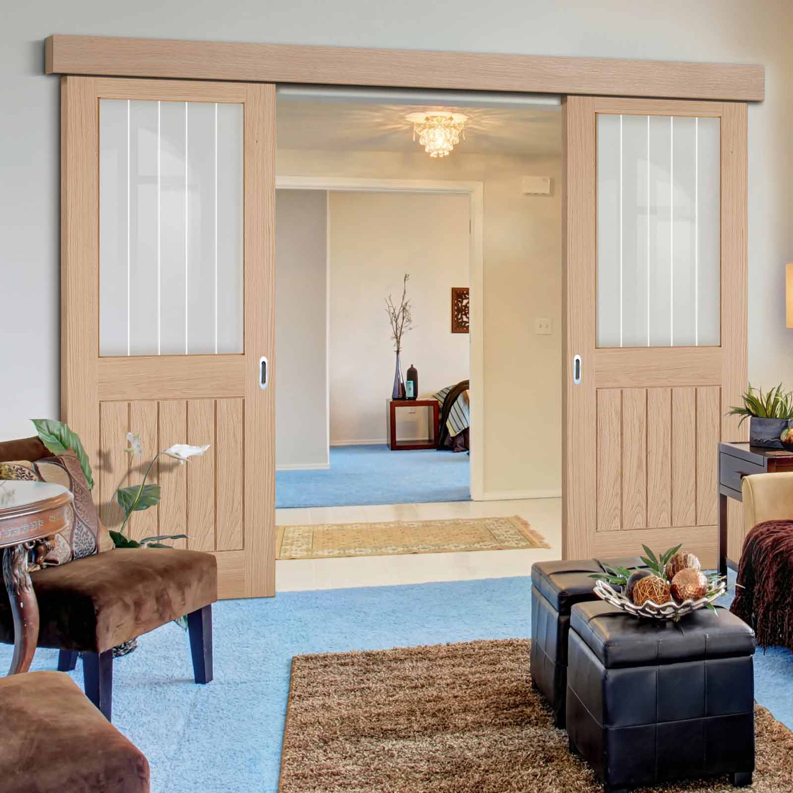 Double Sliding Door & Wall Track - Belize Oak Doors - Silkscreen Etched Clear Glass - Unfinished