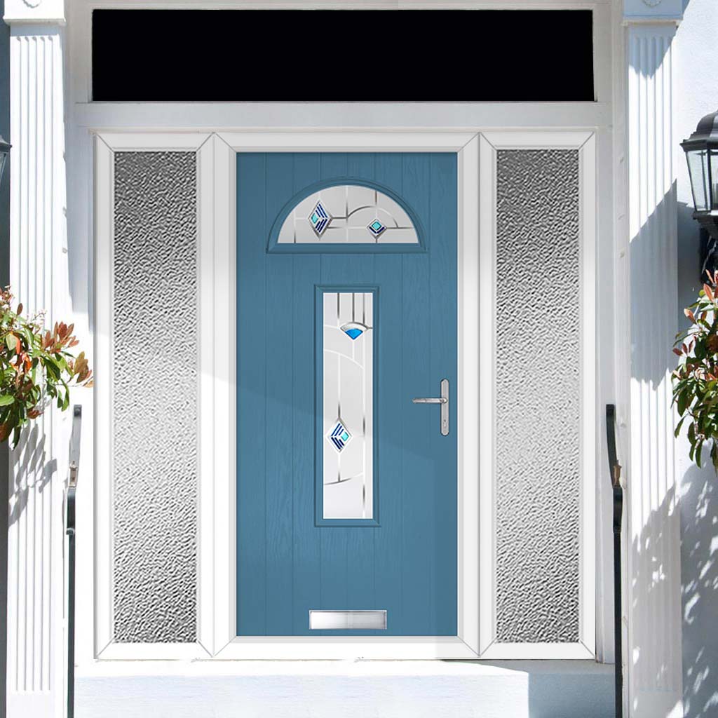 Cottage Style Belize 2 Composite Front Door Set with Double Side Screen - Murano Blue Glass - Shown in Pastel Blue