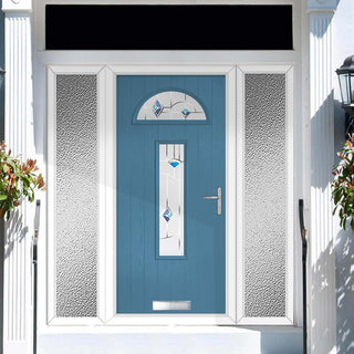Image: Cottage Style Belize 2 Composite Front Door Set with Double Side Screen - Murano Blue Glass - Shown in Pastel Blue