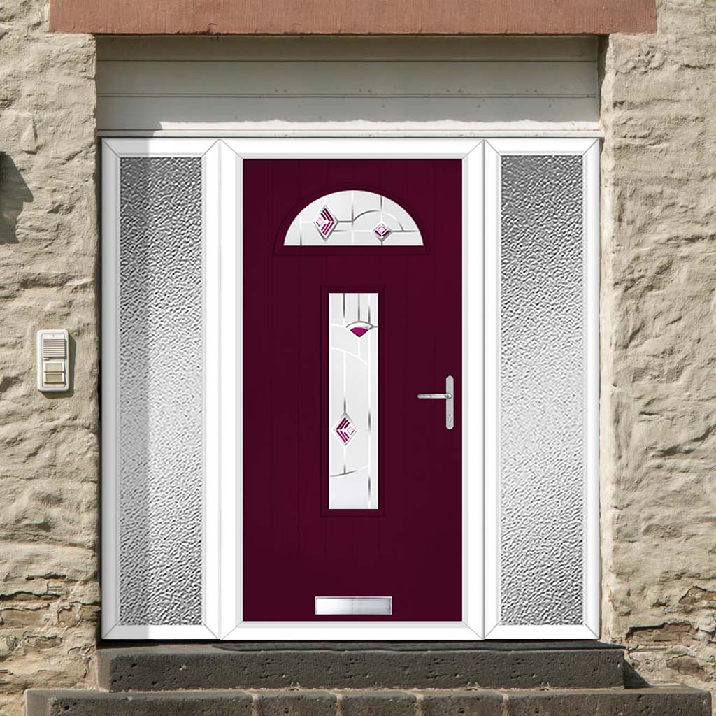 Cottage Style Belize 2 Composite Front Door Set with Double Side Screen - Murano Purple Glass - Shown in Purple Violet