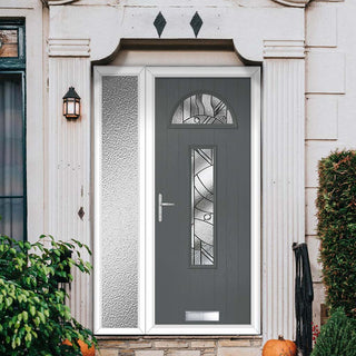 Image: Cottage Style Belize 2 Composite Front Door Set with Single Side Screen - Abstract Glass - Shown in Mouse Grey