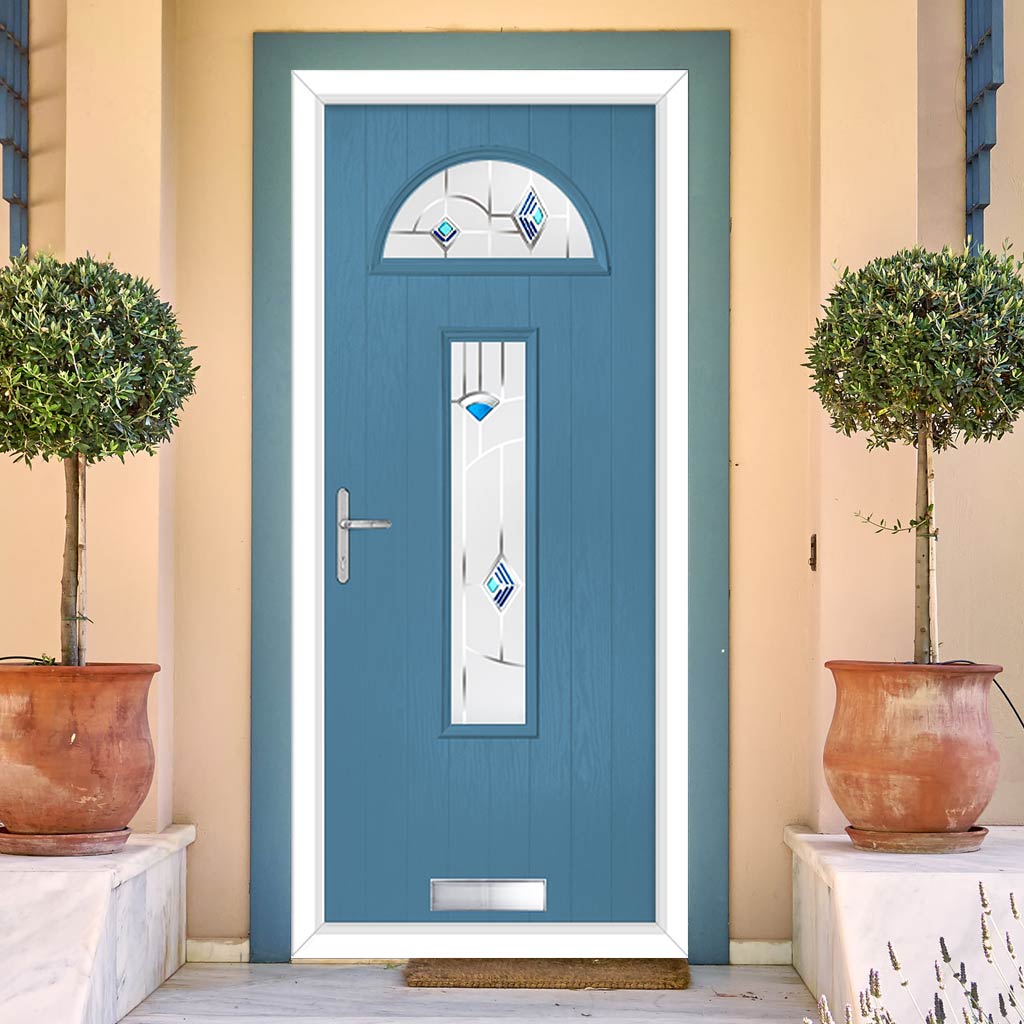 Cottage Style Belize 2 Composite Front Door Set with Murano Blue Glass - Shown in Pastel Blue