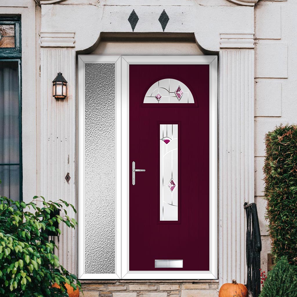 Cottage Style Belize 2 Composite Front Door Set with Single Side Screen - Murano Purple Glass - Shown in Purple Violet