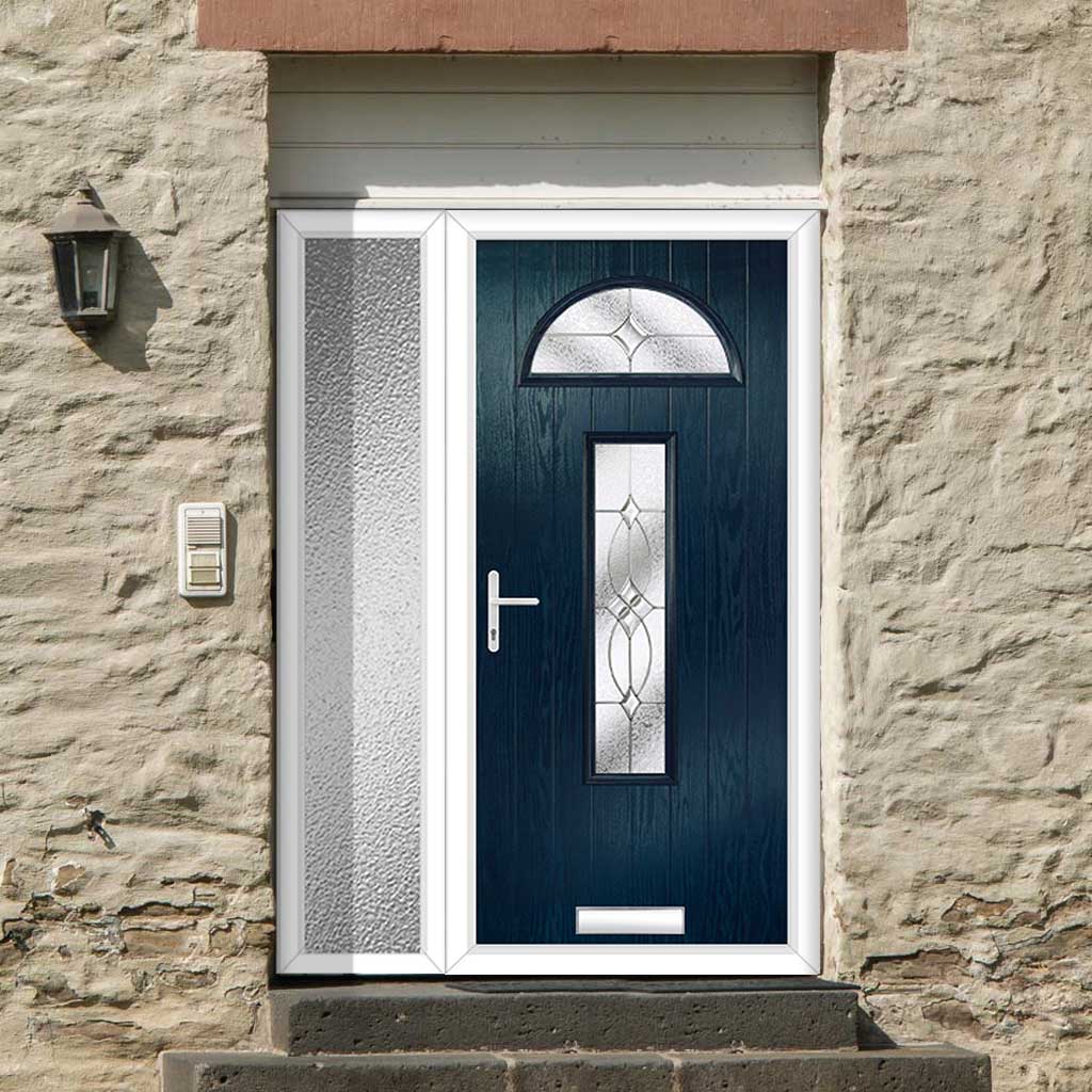 Cottage Style Belize 2 Composite Front Door Set with Single Side Screen - Flair Glass - Shown in Blue