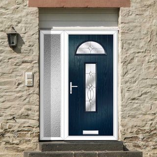Image: Cottage Style Belize 2 Composite Front Door Set with Single Side Screen - Flair Glass - Shown in Blue