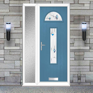 Image: Cottage Style Belize 2 Composite Front Door Set with Single Side Screen - Murano Blue Glass - Shown in Pastel Blue