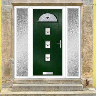 Image: Cottage Style Belize 4 Composite Front Door Set with Double Side Screen - Polar Black Glass - Shown in Green