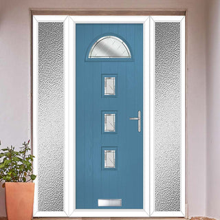 Image: Cottage Style Belize 4 Composite Front Door Set with Double Side Screen - Diamond Cut Glass - Shown in Pastel Blue