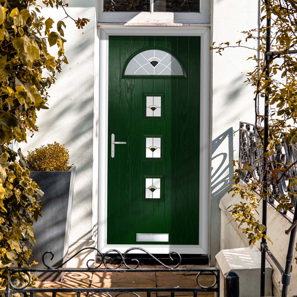 Cottage Style Belize 4 Composite Front Door Set with Polar Black Glass - Shown in Green