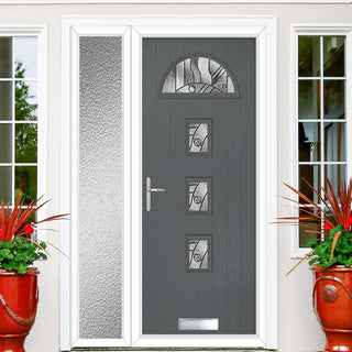 Image: Cottage Style Belize 4 Composite Front Door Set with Single Side Screen - Abstract Glass - Shown in Mouse Grey