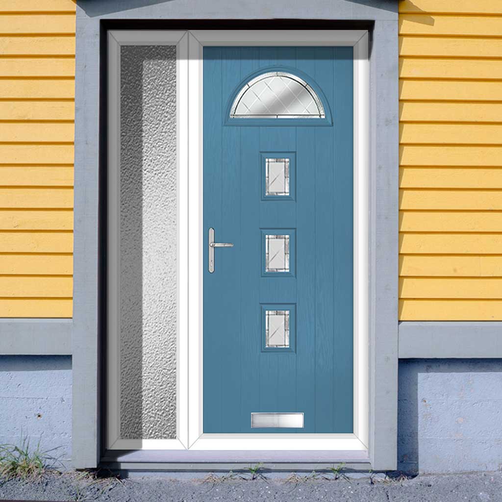 Cottage Style Belize 4 Composite Front Door Set with Single Side Screen - Diamond Cut Glass - Shown in Pastel Blue