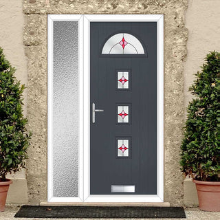 Image: Cottage Style Belize 4 Composite Front Door Set with Single Side Screen - Laptev Red Glass - Shown in Slate Grey