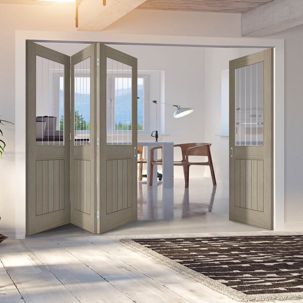 Four Folding Doors & Frame Kit - Belize Light Grey 3+1  - Clear Glass Frosted Lines - Prefinished