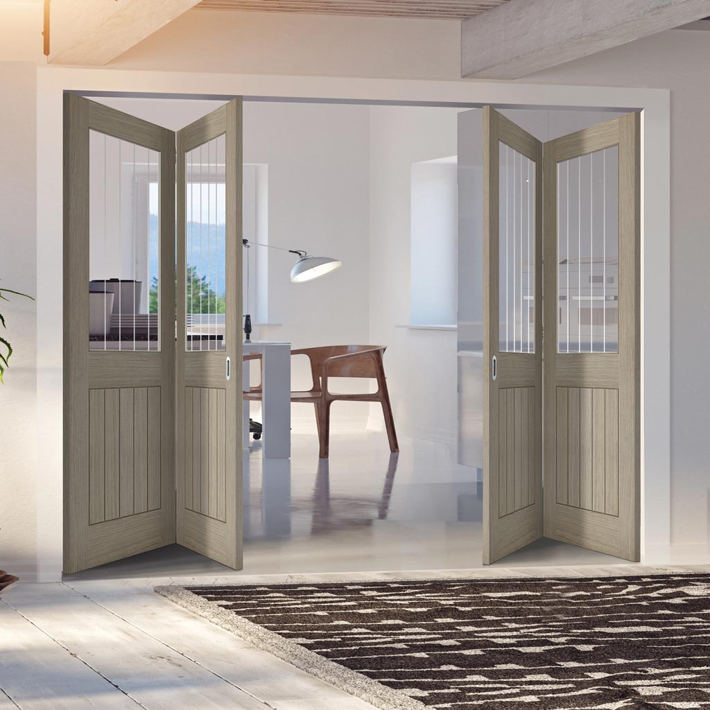 Four Folding Doors & Frame Kit - Belize Light Grey 2+2  - Clear Glass Frosted Lines - Prefinished