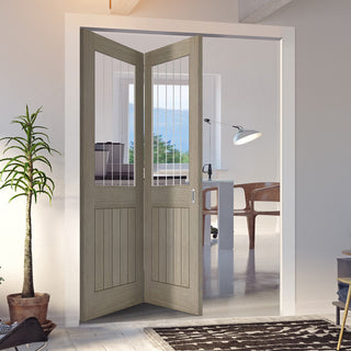 Image: Two Folding Doors & Frame Kit - Belize Light Grey 2+0  - Clear Glass Frosted Lines - Prefinished