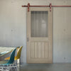 Single Sliding Door & Straight Antique Rust Track - Belize Light Grey Door - Clear Glass Frosted Lines - Prefinished