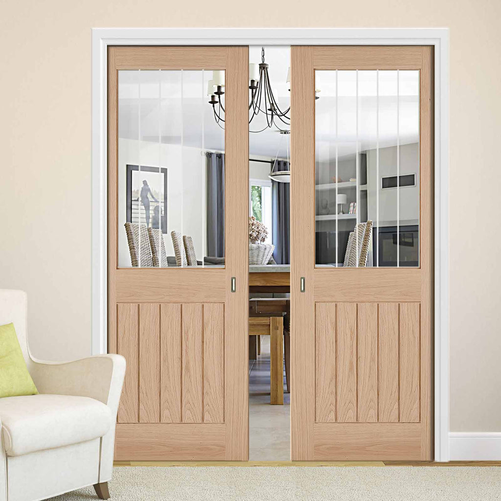 Belize Oak Double Evokit Pocket Doors - Silkscreen Etched Clear Glass