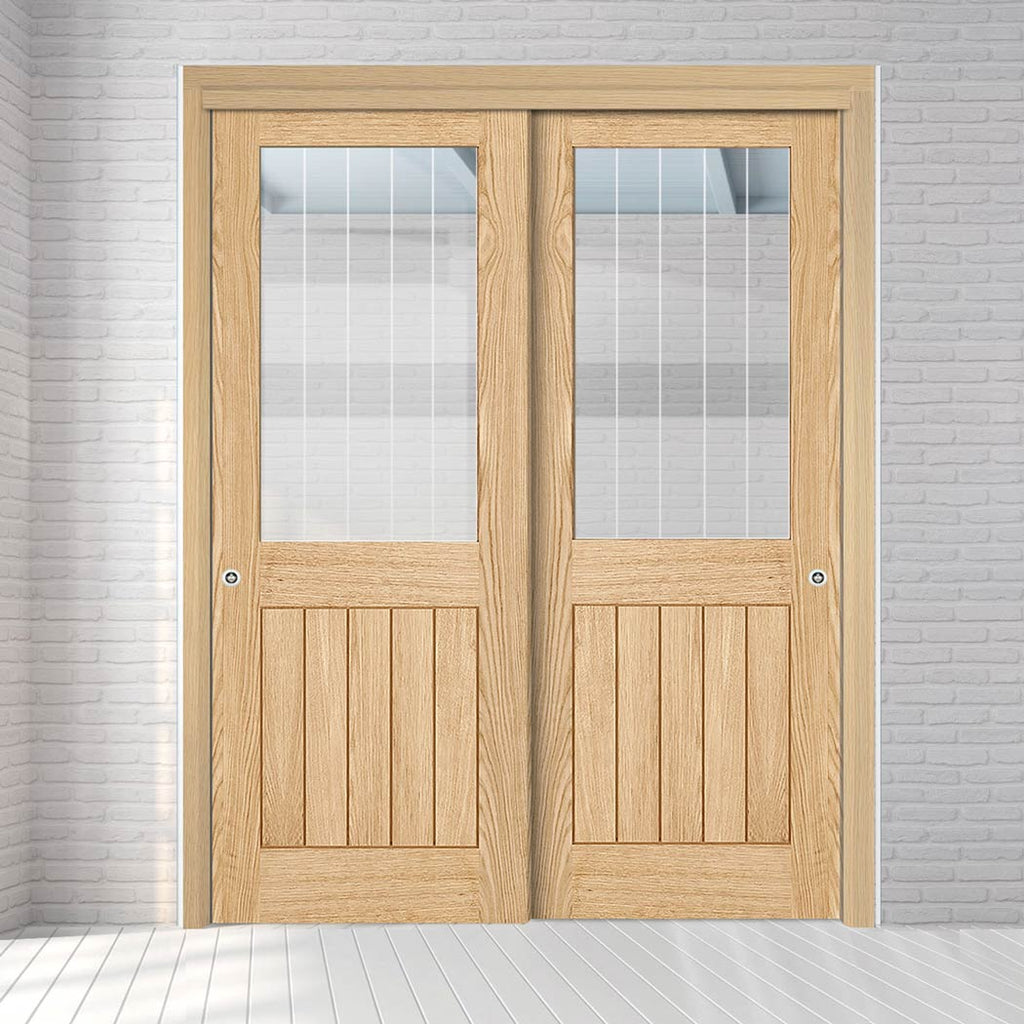 Pass-Easi Two Sliding Doors and Frame Kit - Belize Oak Door - Silkscreen Etched Glass - Prefinished