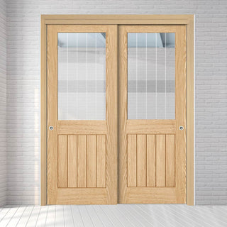 Image: Pass-Easi Two Sliding Doors and Frame Kit - Belize Oak Door - Silkscreen Etched Glass - Prefinished