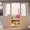 Top Mounted Black Sliding Track & Double Door - Belize Oak Doors - Silkscreen Etched Glass - Prefinished