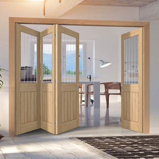 Image: Four Folding Doors & Frame Kit - Belize Oak 3+1 - Silkscreen Etched Glass - Prefinished
