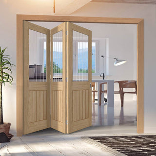 Image: Three Folding Doors & Frame Kit - Belize Oak 3+0 - Silkscreen Etched Glass - Prefinished