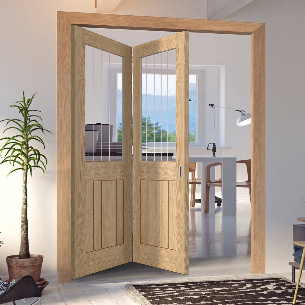 Two Folding Doors & Frame Kit - Belize Oak 2+0 - Silkscreen Etched Glass - Prefinished