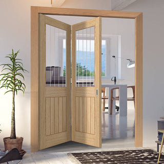 Image: Two Folding Doors & Frame Kit - Belize Oak 2+0 - Silkscreen Etched Glass - Prefinished