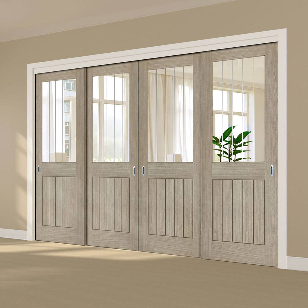 Pass-Easi Four Sliding Doors and Frame Kit - Belize Light Grey Door  - Clear Glass Frosted Lines - Prefinished