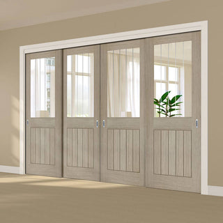 Image: Pass-Easi Four Sliding Doors and Frame Kit - Belize Light Grey Door  - Clear Glass Frosted Lines - Prefinished