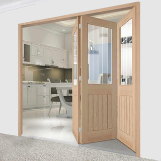 Image: Three Folding Doors & Frame Kit - Belize Oak 3+0 - Silkscreen Etched Clear Glass - Unfinished