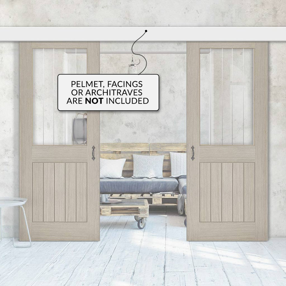 Double Sliding Door & Wall Track - Belize Light Grey Door  - Clear Glass Frosted Lines - Prefinished