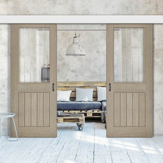 Image: Double Sliding Door & Wall Track - Belize Light Grey Door  - Clear Glass Frosted Lines - Prefinished