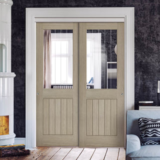 Image: Pass-Easi Two Sliding Doors and Frame Kit - Belize Light Grey Door  - Clear Glass Frosted Lines - Prefinished