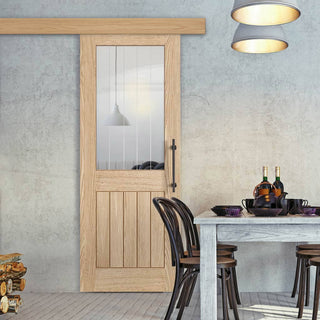 Image: Single Sliding Door & Wall Track - Belize Oak Door - Silkscreen Etched Glass - Prefinished